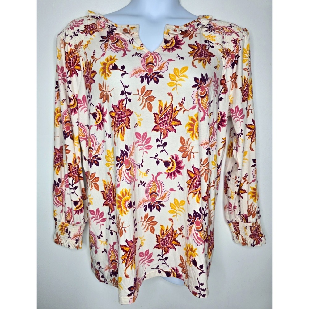 Talbots Womens Top Blouse 1X NEW Floral Long Sleeve Ruffle Peasant Smocked